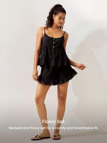 LUVLETTE Summer Sweet Women's Black Elegant Airy Two-Piece Set - Double-Layered Ruffles & Button Front Breezy Refined Home Wear - Black - View 2
