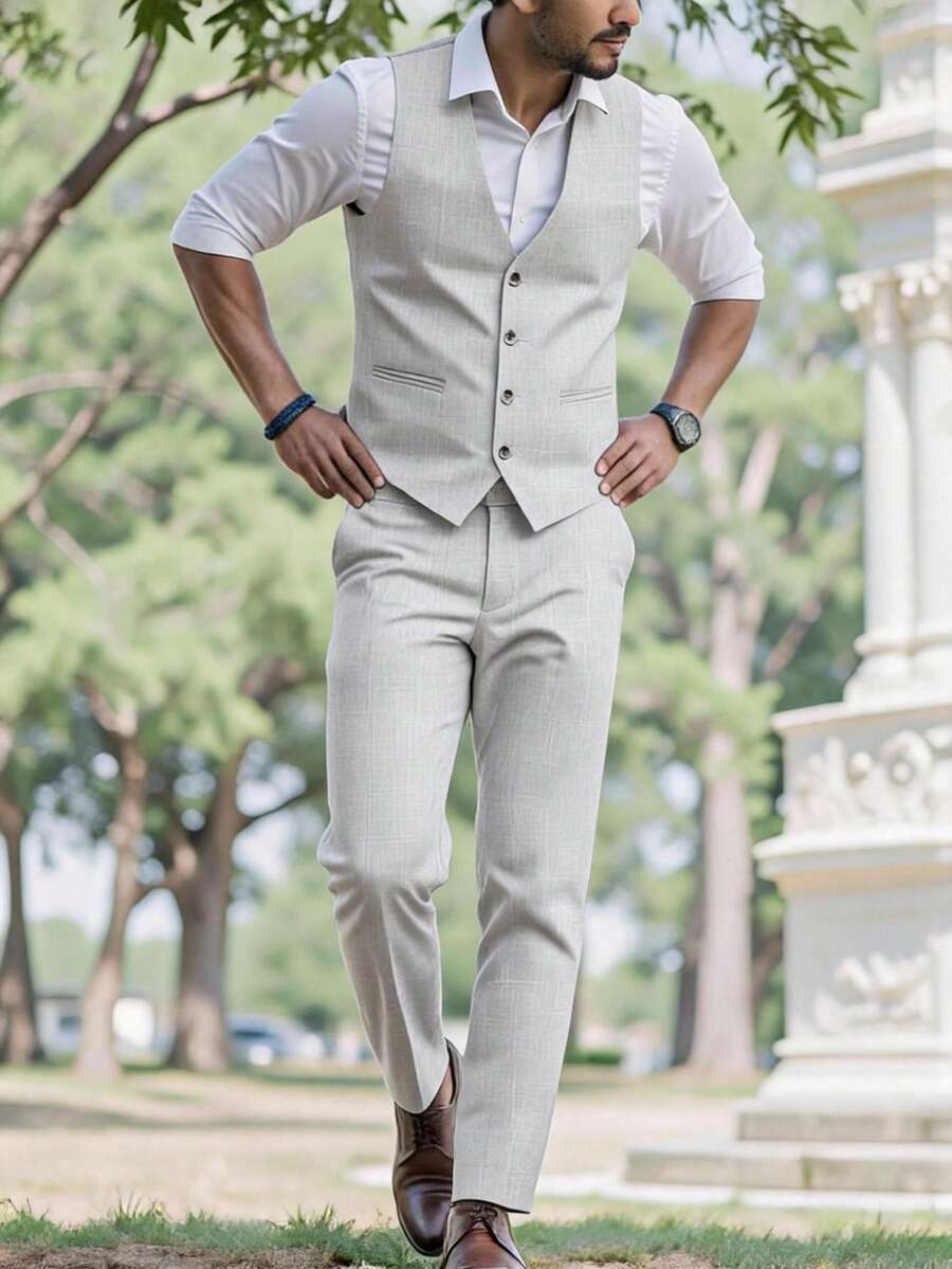 Manfinity Mode 男士商務正式鈕扣前開式西裝背心外套與修身西裝長褲 2 件套裝 - 淺灰色 - 查看 1