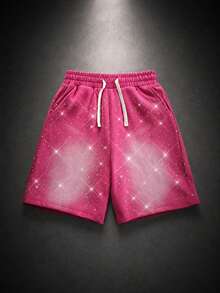 ROMWE MEN Street Life Shorts de calle para adolescente con cintura de cordón, bolsillos y pedrería - Rosa - Ver 1