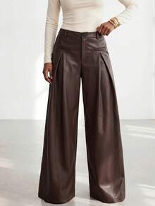 Zivah Women's Fashion Hot Girl PU Material Button Pleated Long Pants - Brown - View 6