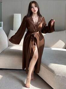 Dazy Plus Solid Color Satin Contrast Lace Sexy Loose Tie-Front Plus Size Women's Spring/Autumn Loungewear Robe - Brown - View 5