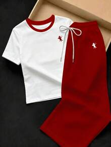 SHEIN EZwear 2件組刺繡圓領短袖上衣與條紋印花長褲，休閒風 - 紅色 - 查看 6