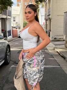 Maria Perezxox 女士休闲时尚街头度假风印花抽绳腰带翻盖口袋宽松牛仔短裤，夏季 - 彩色 - 查看 5