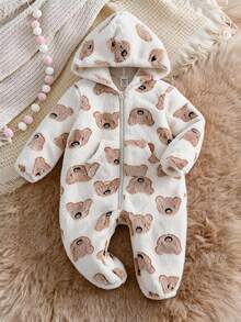Mono con capucha de felpa para bebé recién nacida, estampado de leopardo y bloques de color, lindo, otoño/invierno - Blanco - Ver 1