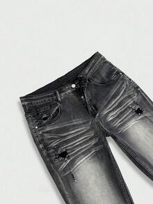 Manfinity Roghcode Men's American Vintage Niche Washed Horseshoe Denim Jeans Slim Fit Stretch Flared Leg Long Pants - Black - View 7