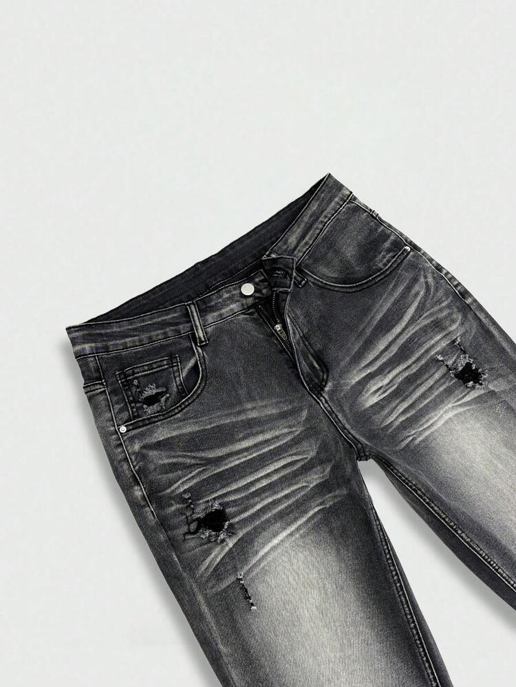 Manfinity Roghcode Men's American Vintage Niche Washed Horseshoe Denim Jeans Slim Fit Stretch Flared Leg Long Pants - Black - View 7