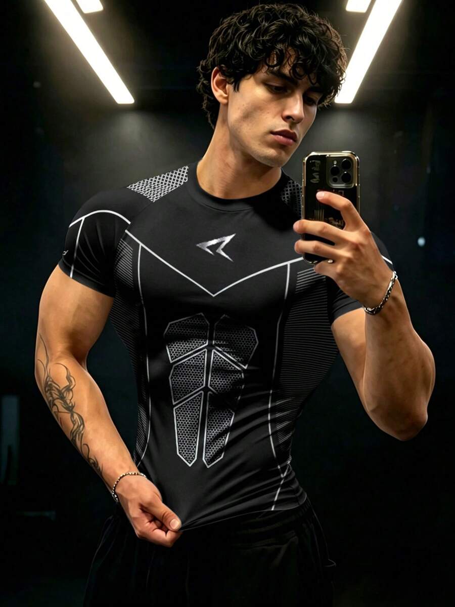 GymBeat Men's Geometric Print Raglan Short Sleeve Sports T-Shirt - Multicolor - View 1