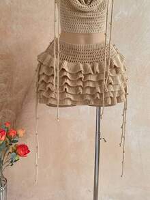 Soleia Women's Spring/Summer Romantic Boho Vacation 2-Piece Set: Draped Neck Crochet Tank Top, Steel Bead Tassel Decor + Multi-Layer Ruffle Mini Skirt, Sexy - Apricot - View 9