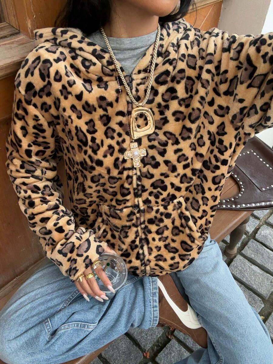 Muchica Casual Street Minimalist Tan Thermal Leopard Print Hooded Open Front Sweatshirt For Women, Suitable For Fall, Thin Thermal Lined Everyday - Multicolor - View 1