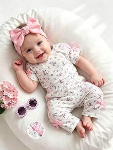 SHEIN Vintaside Kids 新生女嬰粉黑時尚套裝 短袖上衣配3D蝴蝶結 可愛套裝 適合0-9個月嬰兒 - 米色 - 查看 4