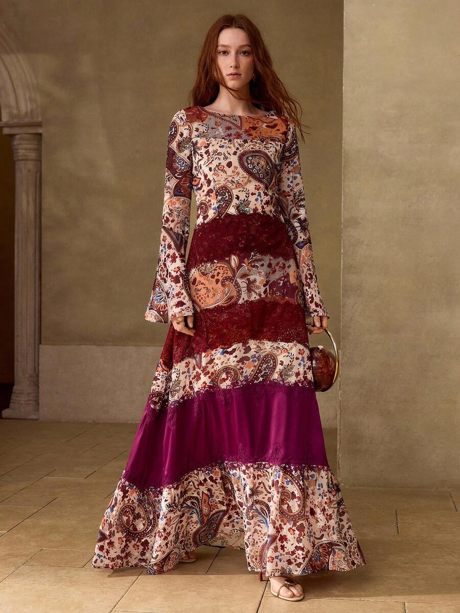 MOTF PREMIUM WOMEN'S PRINTED LACE PATCHWORK BELL SLEEVE DRESS, AUTUMN/WINTER - Multicolor - View 1