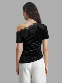 Ontre Women's Black Velvet Slim Fit Asymmetrical Shoulder Lace Trim Short Sleeve Top, Modern Sexy Business Casual Office Dinner Night Out Summer Top - Black - View 3