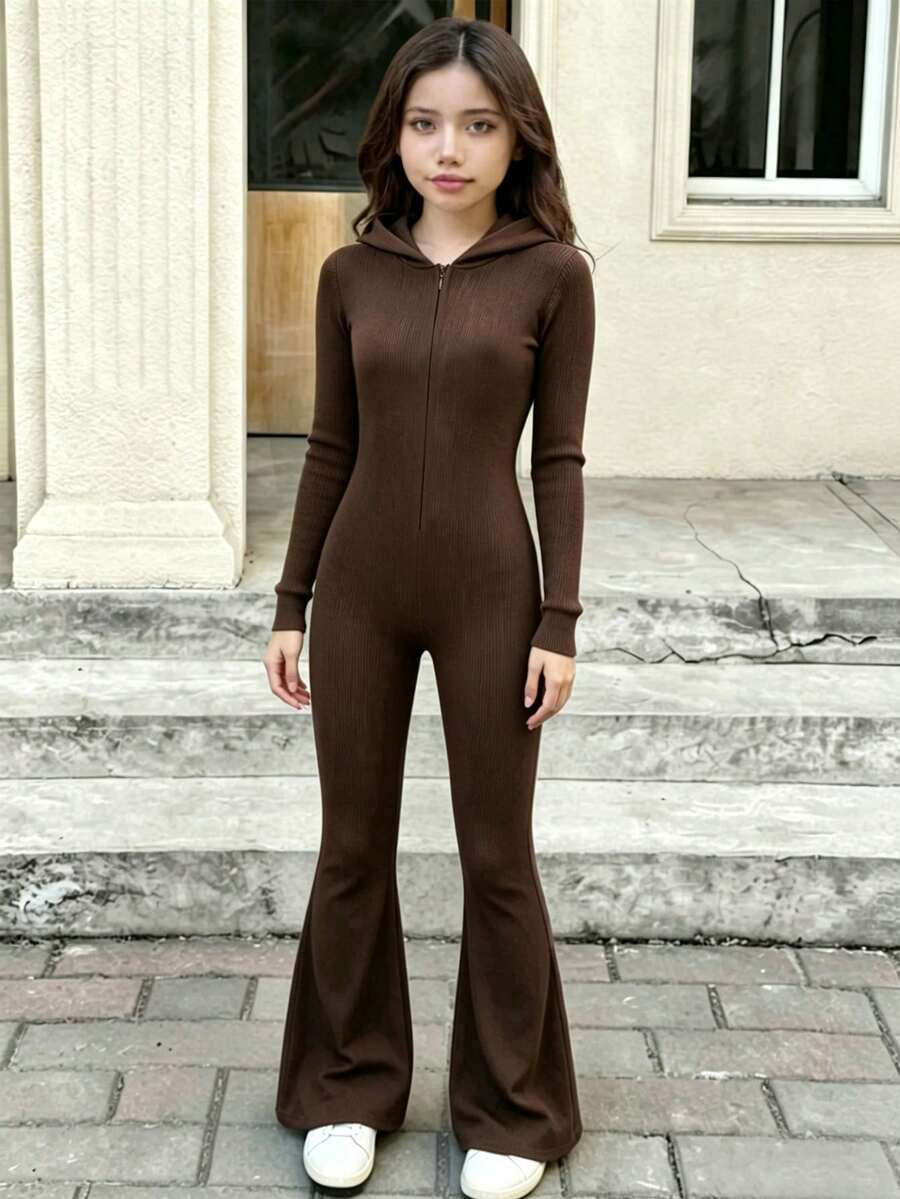 Girls' (Big) Fitted Hooded Jumpsuit, Casual And Comfortable For Daily Wear - Coffee Brown - View 1