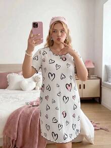 Slumberry CURVE Plus Size Heart Print Textured Nightdress, Moo Moo Night Dress - White - View 3