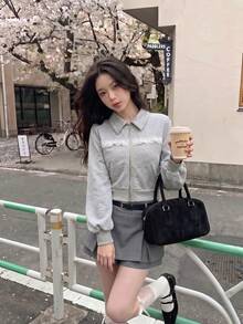 SHEIN MOD Women's Lapel Long Sleeve Lace Patchwork Short Sweatshirt,Back To School Clothes,Grey Sweatshirt,Casual Tops In Fall/Winter - Light Grey - View 6