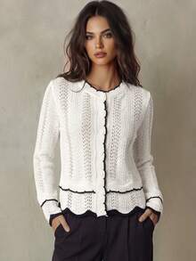 SHEIN Franclia Women's Regular Raglan Sleeve Contrast Trim Decor Round Neck Hollow Button Front White White Cardigan Casual Spring - Black and White - View 1