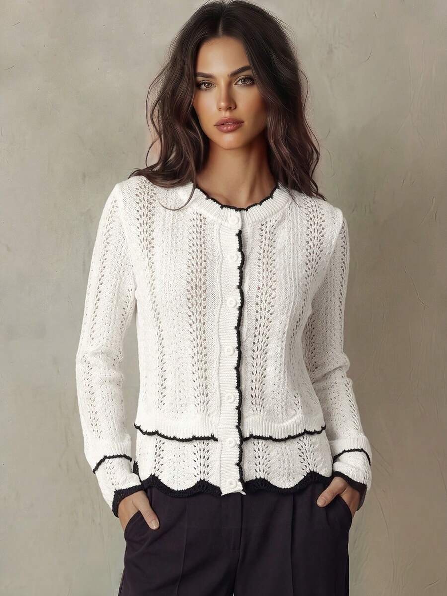 SHEIN Franclia Women's Regular Raglan Sleeve Contrast Trim Decor Round Neck Hollow Button Front White White Cardigan Casual Spring - Black and White - View 1