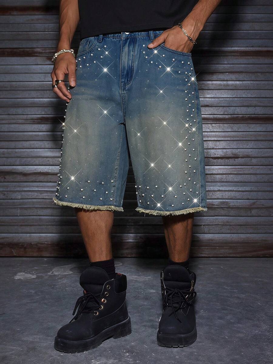 AXEPEAK Men's Casual Versatile Daily Travel Washed Denim Shorts With Pocket And Button Rhinestone - Blue - View 1
