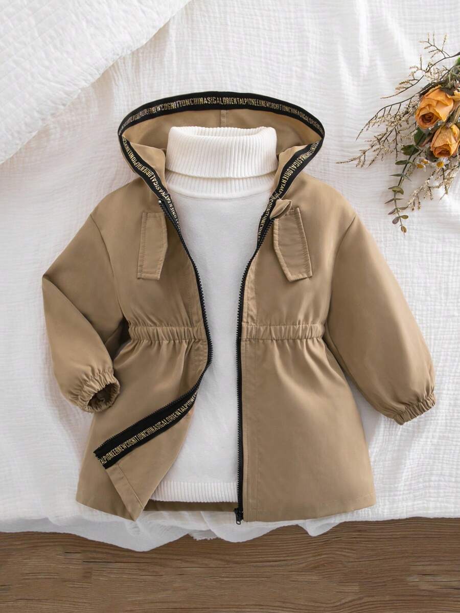 SHEIN 女嬰編織素色連帽收腰休閒長款秋冬大衣 - 駝色 - 查看 1