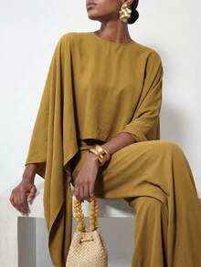 Zivah New Commuting Loose Cape Asymmetrical Top + Wide-Leg Trousers Women's Two Pieces Set - Mustard Yellow - View 8
