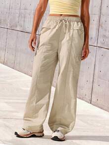 SHEIN Sports Women's Casual Versatile Drawstring Waist Cargo Hiking Pants - Apricot - View 4