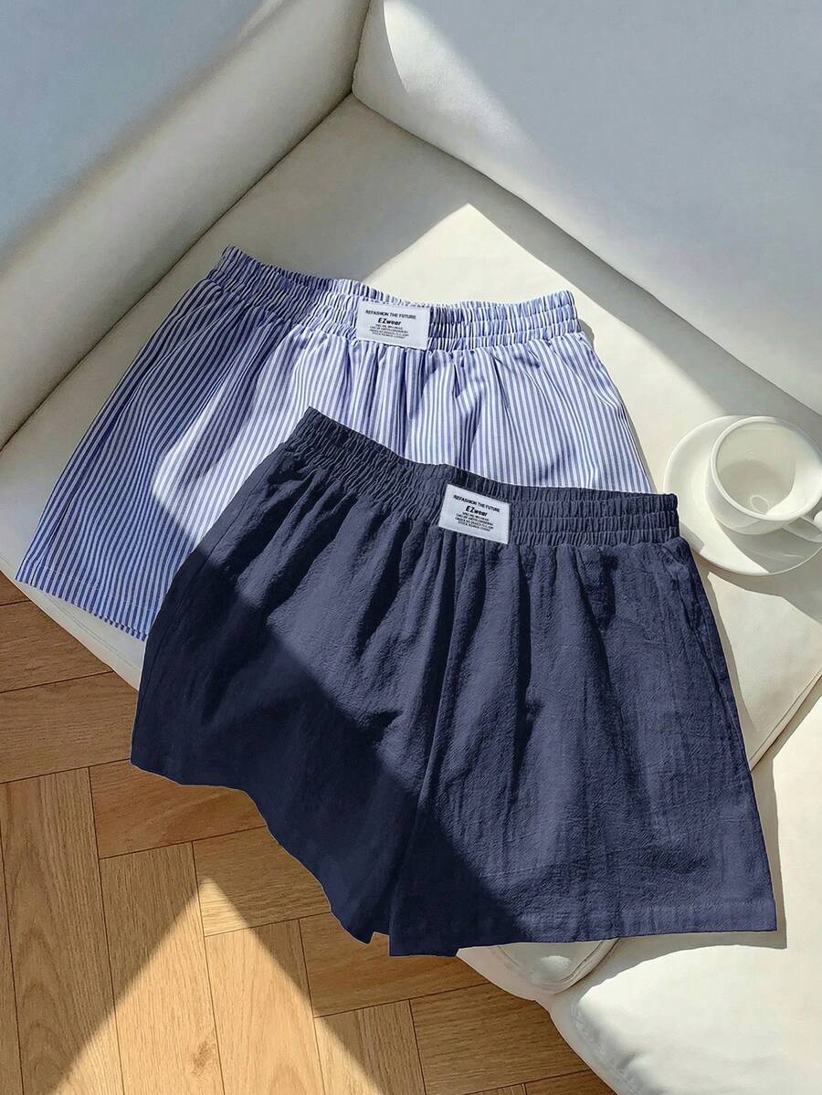 Comfortcana 2件組女款夏季休閒寬鬆短褲,亞麻蝴蝶結條紋短褲與藍色抽繩圍裹短褲套裝,適合海邊度假,超短短褲 - 彩色 - 查看 1