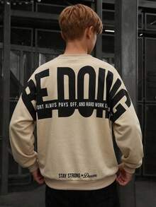 SHEIN Kids 1pc Tween Boy Letter Print On The Back, This Back-To-School Sweatshirt Is Perfect For Autumn And Winter. - Apricot - View 6