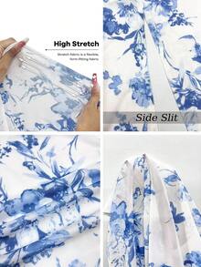 SHEIN Franclia 女款優雅白藍花卉夏季無袖洋裝，輕盈網紗垂領長版大裙擺長裙，適合婚禮賓客度假穿著 - 藍白色 - 查看 5