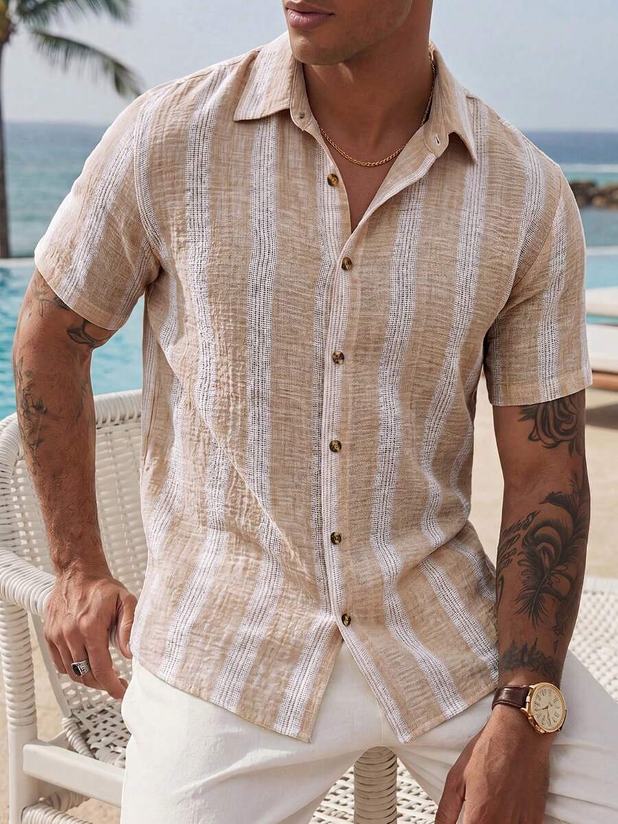 VENTUSAIL 男士黃色編織條紋夏季薄款修身休閒度假短袖襯衫 - 卡其色 - 查看 1