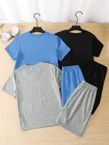SHEIN 兒童 6件組 青少年男孩休閒藍色夏季度假服裝套裝，寬鬆字母圖案圓領T恤與短褲，適用於學校、日常穿著、運動 - 灰色 - 查看 3