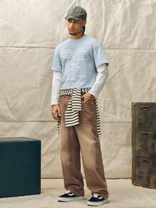 Norleigh Men's Solid Color Denim Jeans,Baggy Cargo Jeans Coffee Brown,Autumn,City Break,Washed Long Plain Pants For Daily Work Street, Khaki - Khaki - View 5