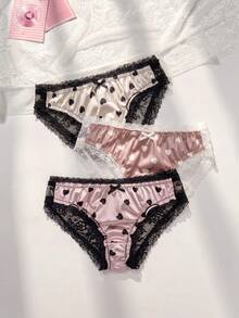 PetitDoll 3pcs/Pack Women's Heart Print Lace Patchwork Comfortable Cotton Panties - Multicolor - View 1