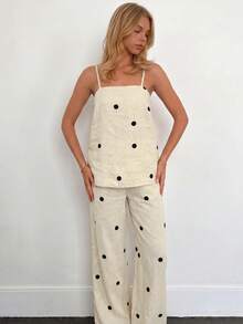 Sundraya 2pcs/Set Women's Simple Polka Dot Pattern Set, Spring/Summer - Apricot - View 3