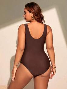 SHEIN Swim Curve 大尺碼女款斑馬紋百褶時尚連身泳衣，度假適用 - 棕色 - 查看 2