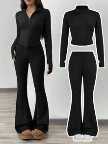 SHEIN Girlism Tween Girl NovaGlow 少女運動休閒日常針織素色開襟外套與喇叭褲套裝 - 黑色 - 查看 1