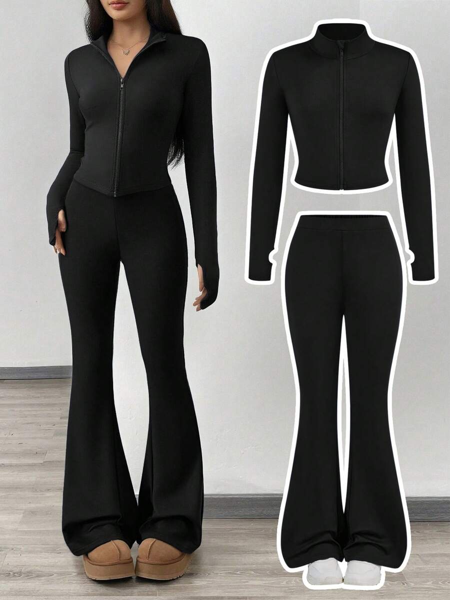 SHEIN Girlism Tween Girl NovaGlow 少女運動休閒日常針織素色開襟外套與喇叭褲套裝 - 黑色 - 查看 1