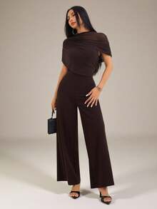 SHEIN PETITE Mono de unicolor elegante con manga corta y patchwork de malla, primavera/verano - Marrón - Ver 4