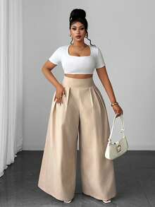 Maweii Plus Size Khaki Casual High Waist Wide Leg Pants Fall - Khaki - View 3