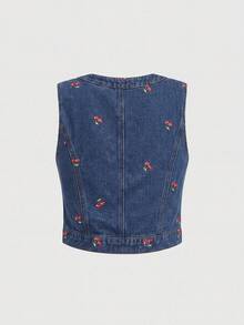 SHEIN MOD 女款櫻桃刺繡背心百褶裙牛仔套裝 秋季辦公野餐穿搭 教師穿搭 藍色可愛 70年代風 - 中等水洗藍 - 查看 3