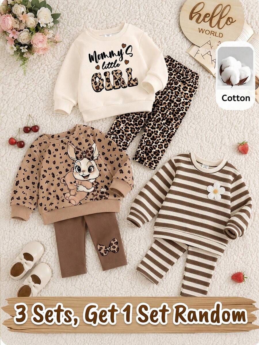 Mama's Little Girl❤ 奶油白復古豹紋女嬰休閒圓領長袖衛衣與休閒內搭褲2件套,適合秋冬日常穿著、外出、親子穿搭、上學 - 彩色 - 查看 1