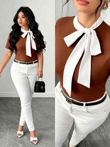 Elenzga Plus Size Women's Summer White & Brown Colorblock Bowknot Ribbon Shoulder Slimming Elegant Exquisite Short Sleeve T-Shirt. Suitable For Daily Casual Commute. Dating - Rust Brown - View 1