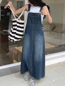 SHEIN Tween Girl Girls' Vintage Blue Denim Loose Fit Pinafore Dress Fall Winter Halloween Y2k Graduation Back To School - Medium Wash - View 5