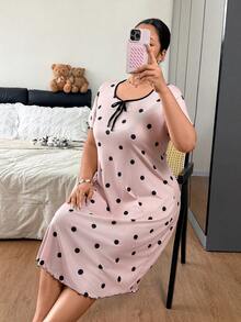 Napfluff CURVE Napfluff CURVE Váy ngủ size lớn tay ngắn viền bèo màu tương phản họa tiết chấm bi - Màu Hồng  San hô - Xem 6