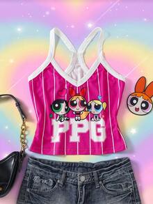 THE POWERPUFF GIRLS X SHEIN 女款字母印花細肩帶背心 - 玫紅色 - 查看 1