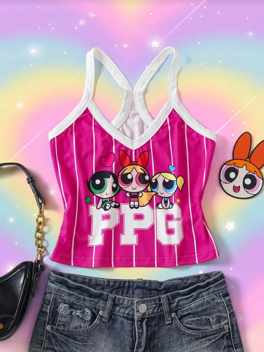 THE POWERPUFF GIRLS X SHEIN 女款字母印花細肩帶背心 - 玫紅色 - 查看 1