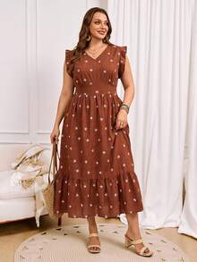 Rosumi Vestido de mujer talla grande para verano, casual, de vacaciones, con estampado floral campestre, color marrón, con volantes en el bajo, para salir, playa, fluido, otoño - Óxido marrón - Ver 7