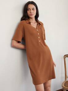 Doze Lane Textured Fabric Lapel Half-Button Front Pocket Short Sleeve Women's Nightgown - Burnt Orange - View 3