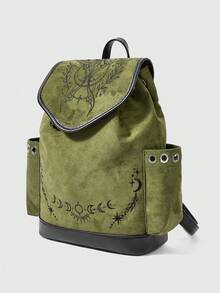 ROMWE Grunge Punk Gothic Witch Embroidery Backpack Moonworm Fern Plant Extract Backpack, Suede Drawstring Fringed School Bag - Dark Green - View 2