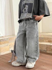 SHEIN Little Byeori 小男孩休閒日常旅行牛仔褲，附口袋與鈕扣 - 淺灰色 - 查看 1