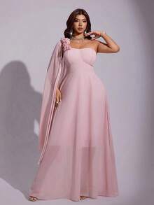 Viva Relle Plus Size Women's Summer Pink Sexy Low Cut One Shoulder 3D Floral Decor Cami Waist-Cinched Double Layer A-Line Maxi Dress, Elegant Party Dress, Graduation Prom, Sexy Date, Women's Holiday Outfit, Sexy Women's Clothing - Pink - View 6